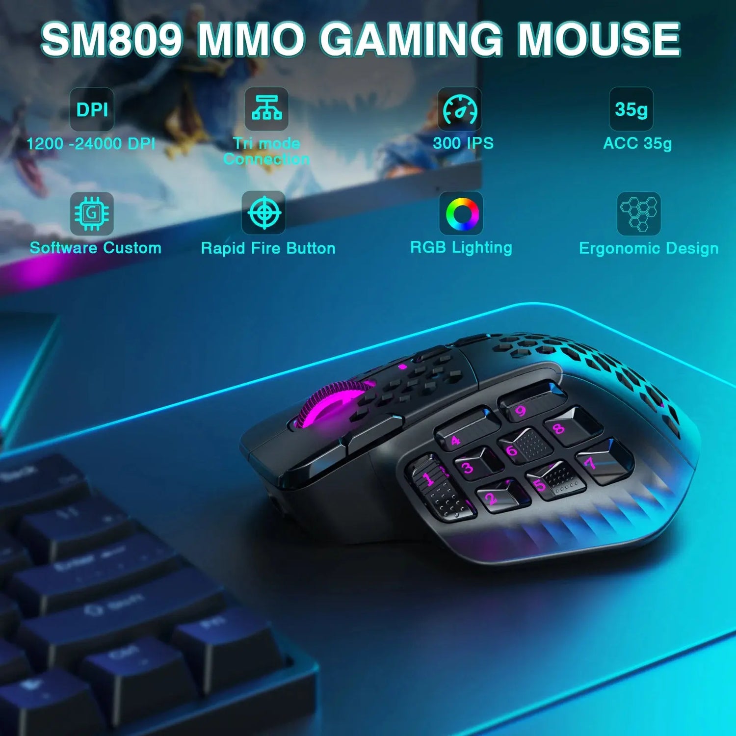 SOLAKAKA SM809 Pro Wireless MMO Gaming Mouse PAW3311 16 Side Buttons 24000 DPI RGB Honeycomb Programmable Macro Wireless mouse Star wars mouse pads