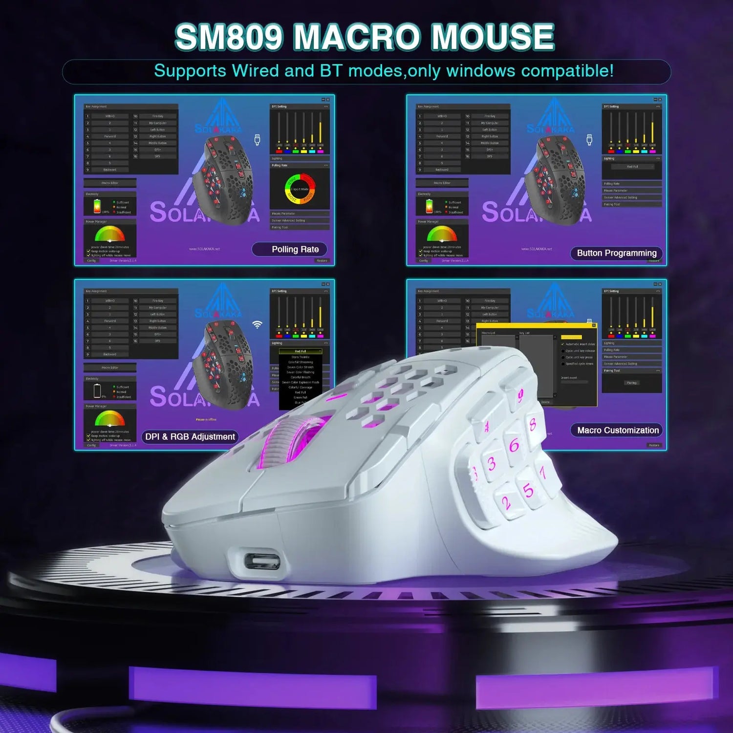 SOLAKAKA SM809 Pro Wireless MMO Gaming Mouse PAW3311 16 Side Buttons 24000 DPI RGB Honeycomb Programmable Macro Wireless mouse Star wars mouse pads